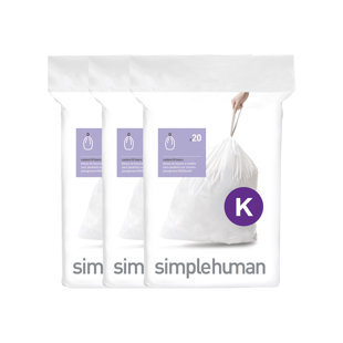 Simplehuman Code K Liners, Pack Of 60 Liners, 50% Recycled Custom Fit Bin Bags, 35-45L, White