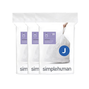 Simplehuman Code J Liners, Pack Of 60 Liners, 50% Recycled Custom Fit Bin Bags, 30-45L, White