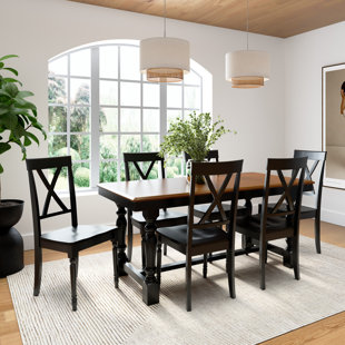 ROSALIND WHEELER Clairvin 67W Farmhouse Squire Trestle Dining Table With 6 Cross Back Dining Chairs