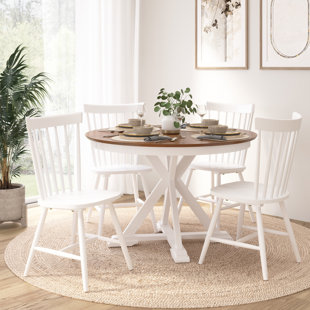 ROSALIND WHEELER Clairvin 45W Round Trestle Dining Table With 4 High Back Spindle Dining Chairs