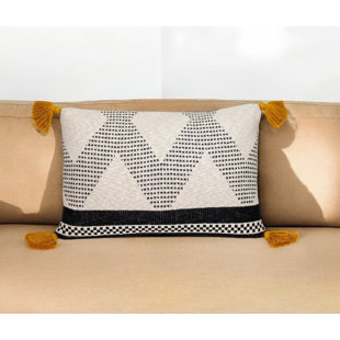 PARKLAND COLLECTION Kaylum 20" X 20" Beige and Black Cotton Throw Pillow With Tassels