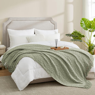 FURNITURE COUNTRY CORP. Textured Mulberry Throw Blanket Handmade With Tassels Chunky Soft Fluffy Knit Throw Blankets Woven Luxury Farmhouse Throws For Couch Sofa Bed (Sage Green, 60"X80")