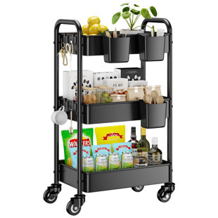 HANDMADE CABINETS, LLC 3 Tier Rolling Cart - Metal Utility Cart With 3 Hanging Cups & 4 Hooks, Mesh Rolling Storage Cart Organizer