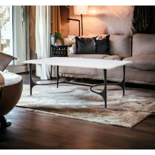 DESIGNE GALLERIE Rectangular White Marble Top Coffee Table with Metal Base, 48x27x17