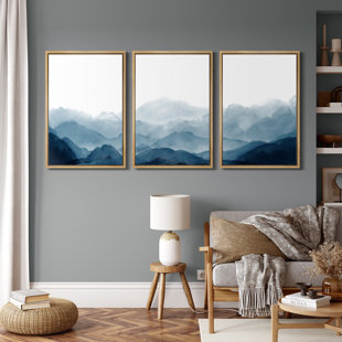 Abstract Landscape " IDEA4WALL Framed Canvas Print Wall Art Blue Watercolor Mountains In Fog Nature Wilderness Illustrations Modern Art Rustic Scenic Relax/Calm Cool For Living Room, Bedroom, Office " 3 - Pieces