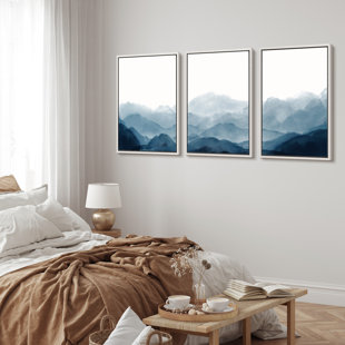 Abstract Landscape " IDEA4WALL Framed Canvas Print Wall Art Blue Watercolor Mountains In Fog Nature Wilderness Illustrations Modern Art Rustic Scenic Relax/Calm Cool For Living Room, Bedroom, Office " 3 - Pieces