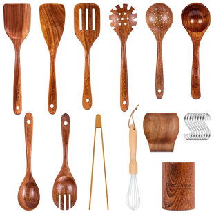 LYSBBDZSM 12 Pcs Wooden Cooking Utensil Set, Non-stick Heat Resistant, Environment-friendly