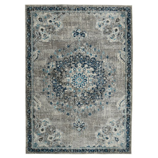 AMER RUGS Nieve Bordered Medallion Durable Performance Blue/Gray Area Rug