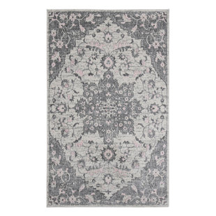 AMER RUGS Nieve Traditional Medallion Durable Performance Gray/ Light Pink Area Rug