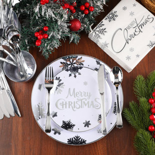 MODERN WALLS LLC 230 Pcs Christmas Disposable Plastic Plates Set And Silver Plates Snowflake Plastic Plate With Paper Napkins Knives Forks Spoons Cups For Holiday Xmas Dinnerware Decorations Tableware Set