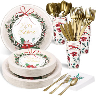 MODERN WALLS LLC 350 Pcs Christmas Paper Plates And Napkins Set Disposable Xmas Tableware Dinnerware Party Supplies Includes 100 Paper Plates 50 Cups 50 Napkins 50 Sets Knives Forks And Spoons For 50 Guests