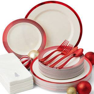 MODERN WALLS LLC Christmas Disposable Dinnerware Set For 25 Guests - Elegant Ivory And Red Plates With Silverware & Festive Holiday Napkins - Plastic Plates For Party