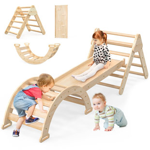 JOVEGO 3-In-1 Kids Pikler Triangle Set, Foldable Wooden Climber Toys With Play Arch, Slide, Ladder, And Ramp For 1-3 Years Old Toddlers And Kids