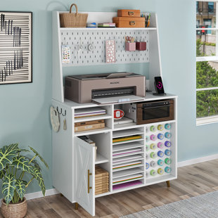 BALCONERA Rolling Craft Organizers Storage Cabinet Table Desk Workstation Compatible With Cricut Machine Charging Station And Vinyl Roll Holder For Home Office