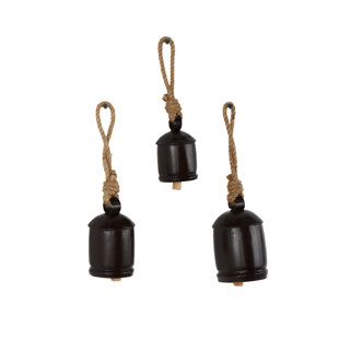 COLE & GREY Cole And Grey Metal Cluster Indoor Outdoor Black Decorative Cow Bells With Jute Hanging Rope Set (Set of 3)
