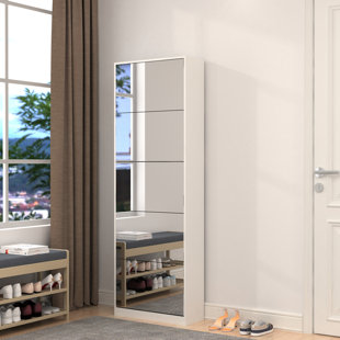 EBERN DESIGNS Tall Shoe Cabinet with Full Length Mirror, 5 Tiers Shoe Storage Cabinet with Flip Drawer