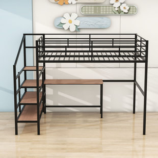 GOBEYONDFURNITURE Full Metal Contemporary Loft Bed With Built-In-Desk And Shelves