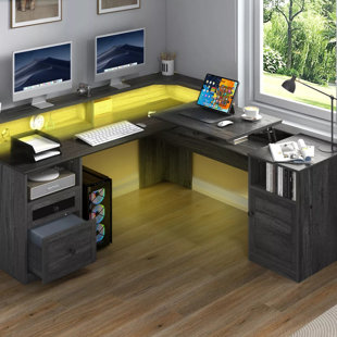 Balconera 60'' L Shaped Desk With Power Outlet, LED Lights & Lift Top