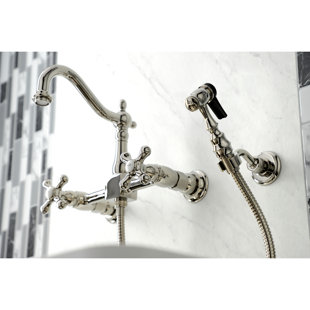 Kingston Brass Heritage Double-Handle 3-Hole Wall-Mount Bridge Kitchen Faucet with Brass Sprayer