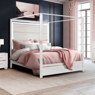 WILLA ARLO™ INTERIORS Tottenham Vegan Leather Canopy Bed with LED light, White