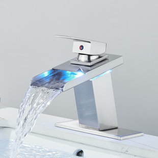 NABIYY Brushed Nickel LED Bathroom Sink Faucet Single Handle Waterfall Vanity Mixer Tap with Cover