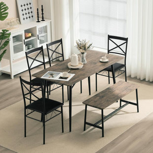 OUTOPEE Brown Padded Dining Set With 1 Table, 1 Bench, And 4 Chairs, MDF & Black Iron, Rectangular, Set 2-2