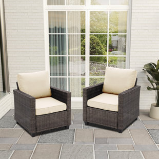 GREEN4EVER 2 Wicker Armchairs With Beige Cushions (Set of 2)