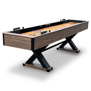 HATHAWAY GAMES Hathaway Excalibur 9 Ft Shuffleboard Table for Arcade Game Room - With Poly-Coated Playfield, Built-In Abacus Scorer & Cabinet, Padded Gutters, X-Pattern Legs, 8 Pucks, Brush & Wax - Driftwood Finish