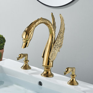 NABIYY Gold Widespread Swan Bathroom Sink Faucet 3-Hole 2 Handles Deck Mount Mixer Tap