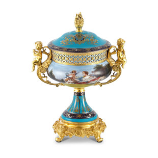 BUYU INTERNATIONAL Classic Rococo-inspired Teal Porcelain Jar with Cherub Bronze Handle for Living Space & Home Décor