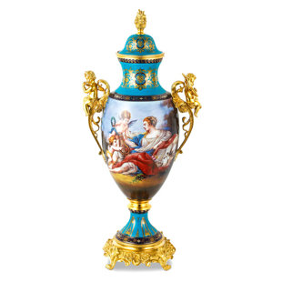 BUYU INTERNATIONAL Elegant and Decorative 28 Inch Louis XV Jar with Porcelain & Bronze Cherub Handles for Home Decor