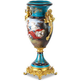 BUYU INTERNATIONAL Elegant Bronze and Teal Porcelain Vase with Rococo Style Cherub Handles for Living Spaces, Bedroom