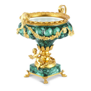 BUYU INTERNATIONAL 16 Inch Classic Green Porcelain & Bronze Cherub Vase with Ornate Handles for Living Spaces Décor
