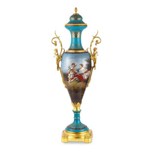 BUYU INTERNATIONAL Elegant and Decorative 53 Inch Rococo Cherub Jar with Teal Porcelain & Bronze Base for Home & Office