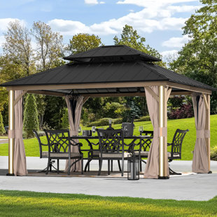 MODERN SHADE OUTDOOR LIVING SPACES Ryleigh 14 ft.x12 ft. Aluminum Patio Gazebo Galvanized Hard Top Double Roof with Curtain and Netting