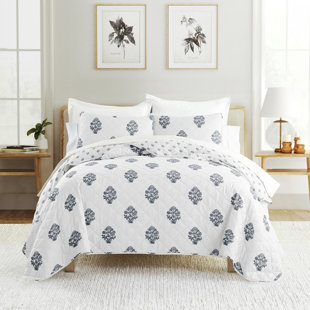 BECKY CAMERON Quilt Set - Lightweight - All Season Quilted Coverlet -Stamped Bloom Dusk Blue