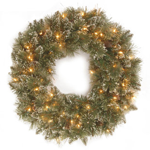 THE HOLIDAY AISLE® 24 in. Glittery Bristle Pine Wreath with LED Lights