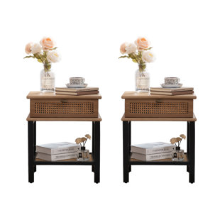 AHOKUA 1-Drawer Rattan Solid Wood End Table With Open Shelf (Set of 2)