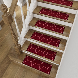 DIAGONA DESIGNS Slip-Resistant, Non-Adhesive, Durable, Stain-Resistant, Washable 8.5x26 in. Stair Treads to Enhance Safety, Protect Stairs, and Reduce Noise. Red and White Contemporary Geometric Design, 13 Pack.
