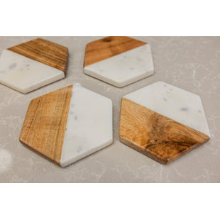 LuxeDesigns Marble and Wood Hexagon Coaster Set - 4-Piece Non-Slip Drink Coasters, Premium Marble and Wood for Modern & Rustic Decor - Elegant, Durable Coasters for Home, Events & Housewarming Gifts (Set of 4)