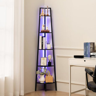 VOKIAL Corner bookshelf, 5-layer corner bookshelf, LED corner bookshelf, bedroom corner bookshelf, high corner bookshelf, steel frame corner bookshelf, living room office bookshelf display shelf，