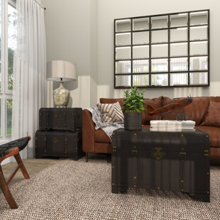 BREAKWATER BAY Burks Wooden Nesting Upholstered Decorative Brown Trunk with Vintage Accents and Studs Set