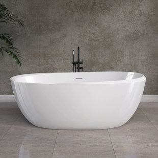 ZEAFIVE 59'' x 29.5'' Freestanding Soaking Acrylic Bathtub Gloss White Modern Stand Alone Tub