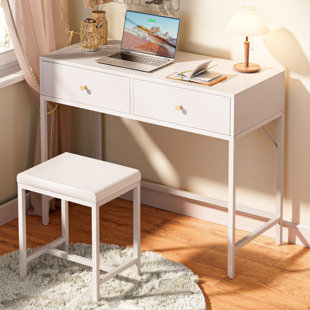 MERCER41 Mirie 35.4" Modern Desk with 2 Drawers, Vanity Desk with Stool,Small Computer Desk