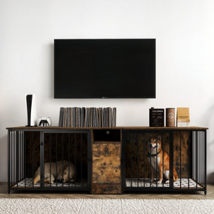 TUCKER MURPHY PET™ Eckhold 3-in-1 95"W Large Dog Crate Furniture with 2 Crates, Cabinet, Feeding Bowls