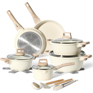 JUST PERFECTO Induction pot and pan set - Pan set with lid - Induction pot set - Pots and pans set without PTFE and PFOA - Induction saucepan set (15-piece beige)