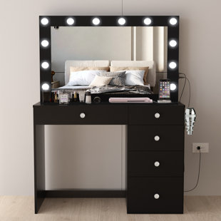 BOAHAUS LLC Boahaus Saranya Modern Makeup Lighted Vanity Desk with 5 Drawers, Large Mirror, Light Bulbs Add-On, Dresser for Bedroom