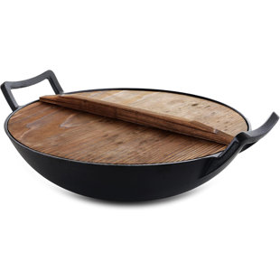 ORIXFORCE Megachef 14-inch Heavy Duty Cast Iron Wok With Wooden Lid – Pre-seasoned For Stir Fry, Sauté, And More