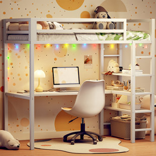 IVY BRONX Loft Bed Twin Size with L Shaped Desk and Shelves, Metal Bed Frame Power Outlet and LED Lighted