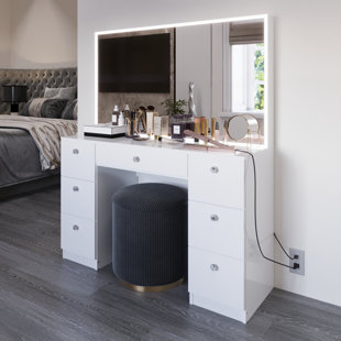 BOAHAUS LLC Boahaus Sabrina Large Lighted Vanity Desk with Large Standing Mirror with LED Lights Strip Add-On, 07 Drawers, USB Power Outlet